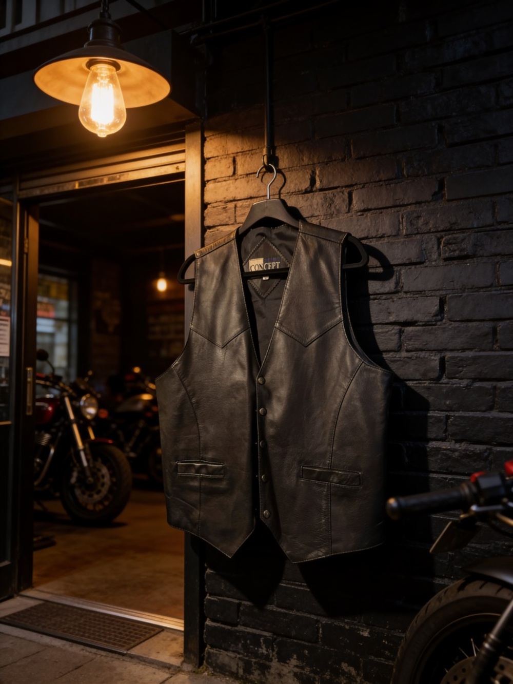 Black Leather Vest - Button Front Biker Style